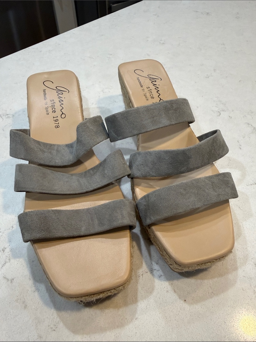 GAIMO Spain Suede Triple Band Espadrille Wedge Slide Sandals Grey Size 39 / 8.5
